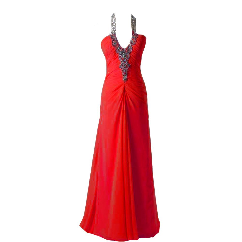 Kivary Women's Chiffon V Neck Halter A Line Beaded Sequins Formal A Line Prom Ev