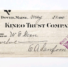 1915 Kineo Trust Company Bank Check E.A. Sampson Dover Maine Signed 7079... - $369.57 MXN
