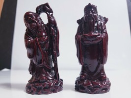 2 Vtg Chinese Sanxing Three Star Gods Carved Red Resin 3.75&quot; Figurines - Lu, Fu - £7.00 GBP