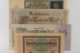 1910-1923 Germany 4-Note Set Empire &amp; Republic 1000 to 20 Million Marks - £39.55 GBP
