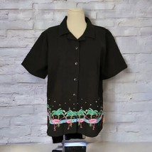 Jane Ashley Flamingo Camp Shirt L Petite Top Art To Wear Beaded Sequin Tropical  - £19.45 GBP