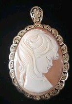 Vtg Gold Over Sterling Carved Shell Cameo Pendant Brooch Graceful Young Lady  - £51.85 GBP