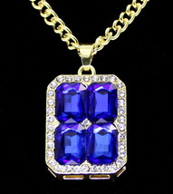 Blue Rhinestone Pendant 24&quot; Rope Necklace 14k Gold Plated Jewelry Hip Hop - £7.72 GBP