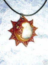 Hand Made Terra Cotta Clay Sun &amp; Crescent Moon W Clear Glass Pendant Necklace - £6.38 GBP