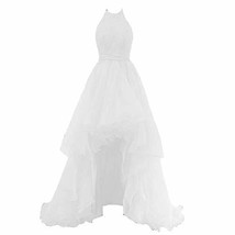 Sheer Beaded Halter High Low Organza Formal Gown Homecoming Prom Dress White 16 - £101.24 GBP