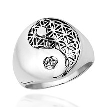 Yin Yang Balance Flower of Life .925 Sterling Silver Ring-9 - £21.86 GBP