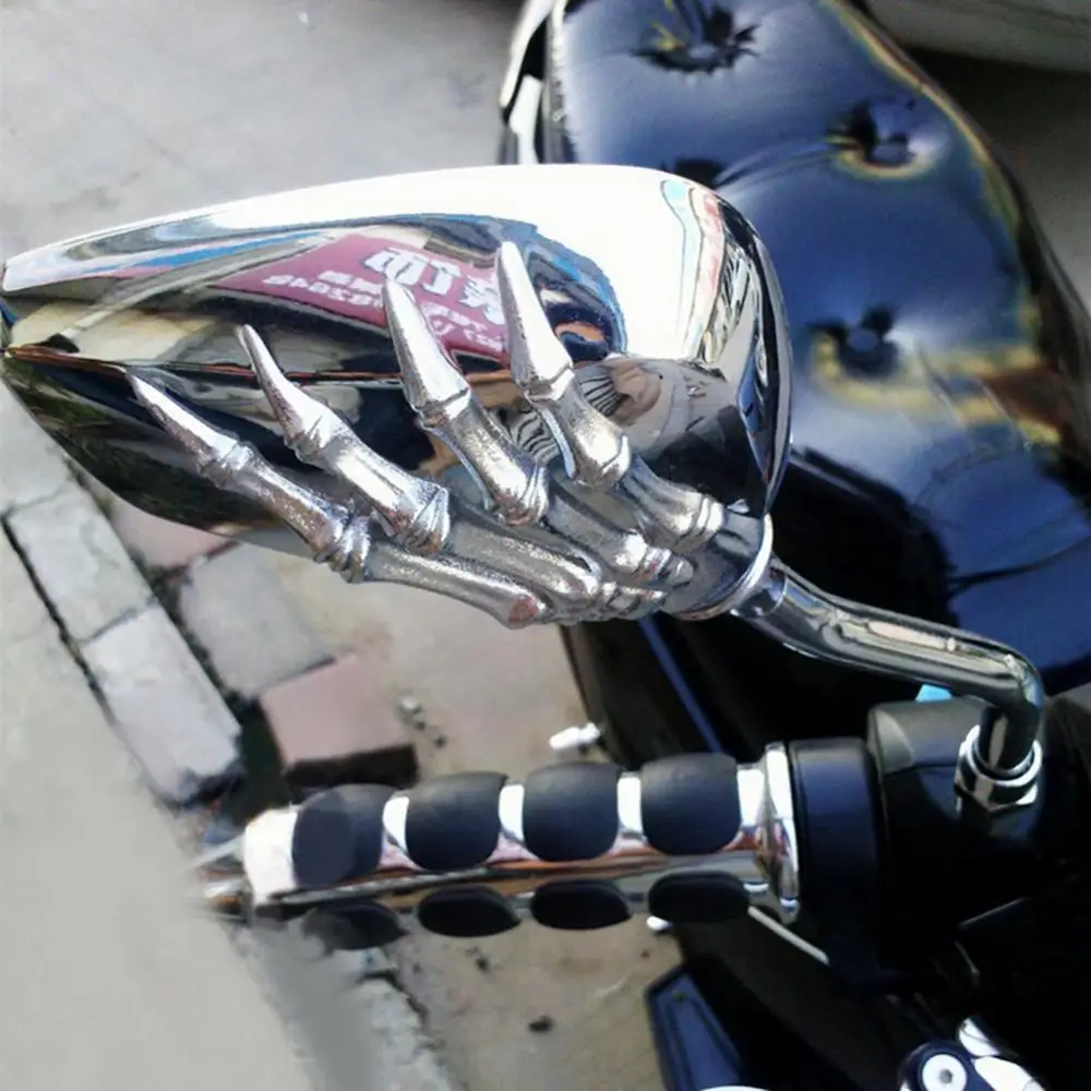 1 Pair Left Right Handlebar Side Mirror Universal Motorcycle Chrome Skull Hands - £18.30 GBP