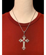 Gothic Cross Pendant Necklace Silver Red Crystal Rhinestone New - $311.39 MXN
