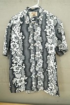 Vintage KAHUKU Hawaiian Shirt Size L Black &amp; White Floral Pattern Cotton Print - £22.41 GBP