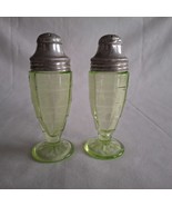 Block Optic Footed Salt Pepper Shakers Anchor Hocking Green Depression G... - $54.70 CAD