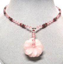 STERLING SILVER Rose Quartz Carved Stone Flower Pendant Y Dangle Necklace - $41.58