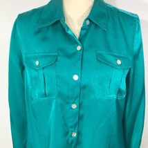 Ruby Rd. Teal Button Down Shirt Size 10 Button Cuff Long Sleeve Shiny - £20.37 GBP