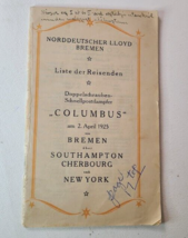 SS Columbus Ocean Liner 1925 April Passenger List Germany to New York - $34.60