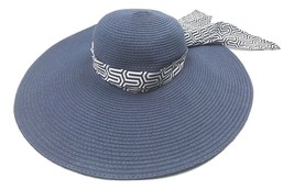 Mud Pie Women&#39;s Bag Lady Floppy Paper Straw Sun Hat Navy Blue w/ Scarf - £3.98 GBP