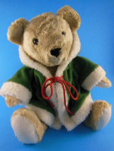 Bon Marche Macy's Soft & Cuddly Teddy Bear 10" Sitting with green winter coat - $16.82