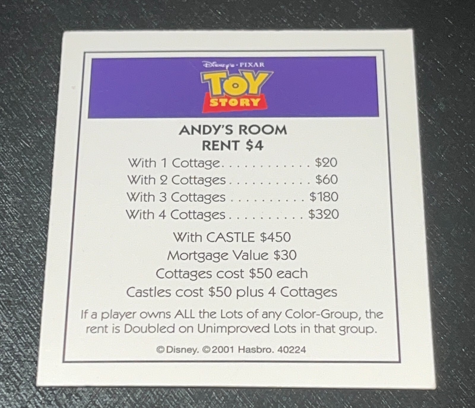 Disney Ed. Monopoly Replacement Piece: Title Deed Card Toy - Story Andy&#39;... - $2.99