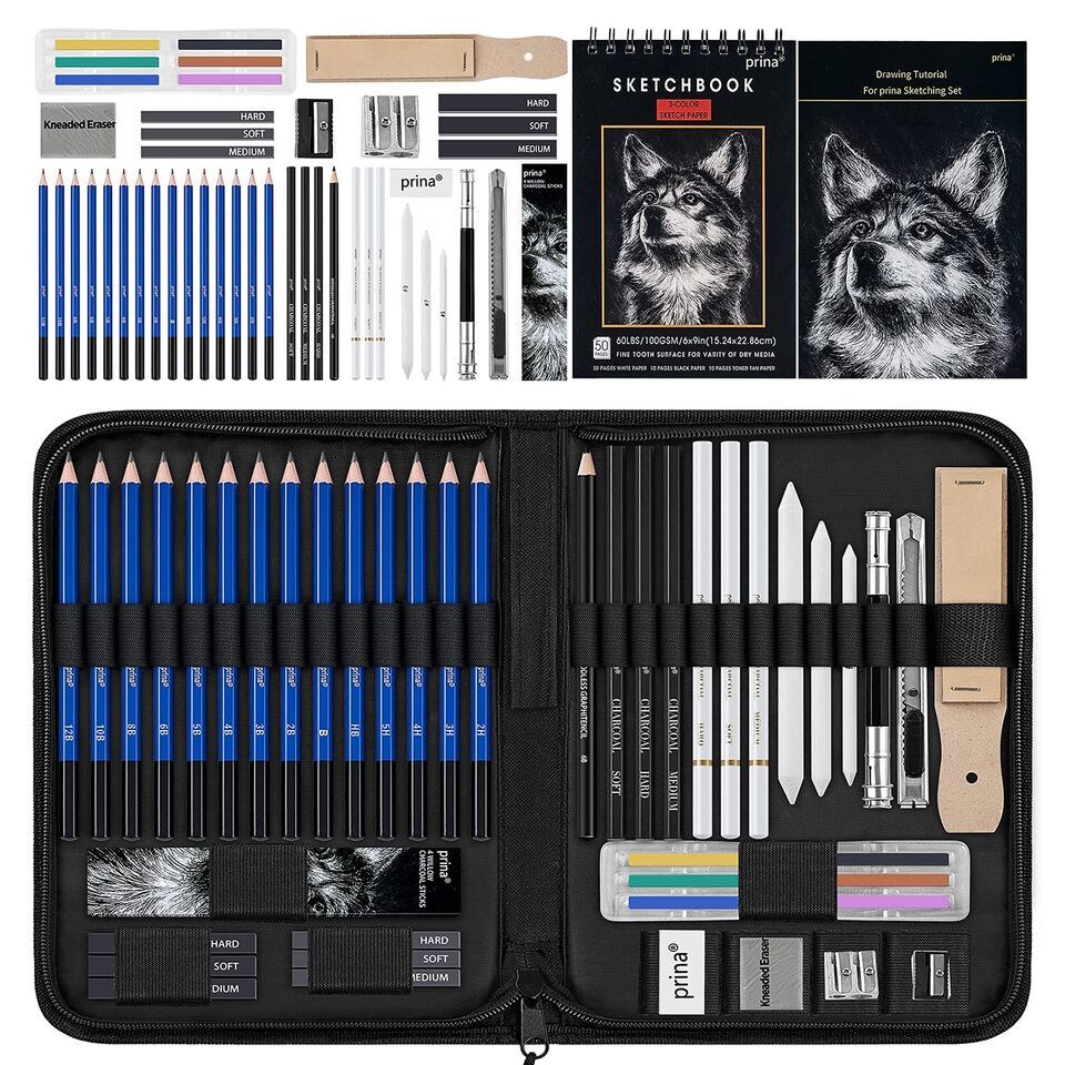 ArtPro Sketching Set - 50 Pack Drawing Kit with Sketchbook, Graphite, and Charco
