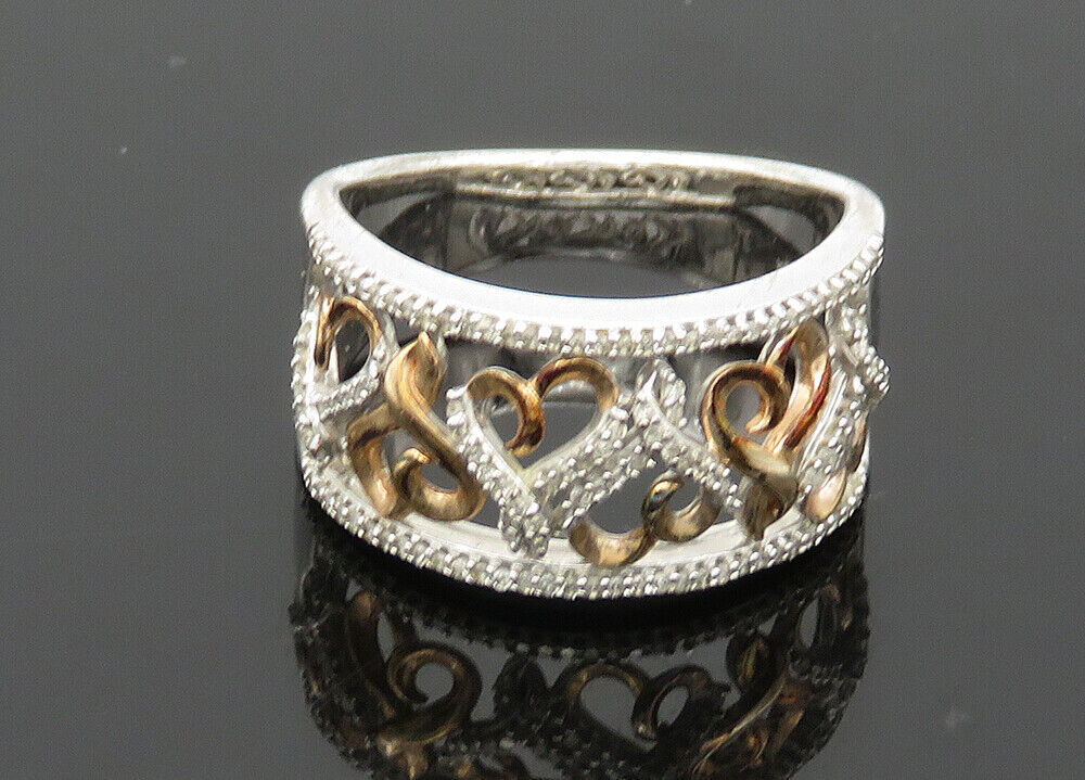 925 Silver - Vintage Shiny Genuine Diamonds Love Hearts Band Ring Sz 7 - RG20863 Item image 3