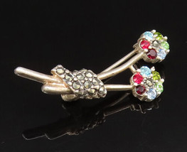 925 Silver - Vintage Beautiful Garnet &amp; Multi Stone Flower Brooch Pin - ... - $35.46