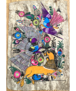 Vintage Native American Polychrome Painting on Bark Lion and Peacock - £37.34 GBP