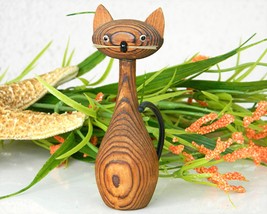 Vintage Japanese Cryptomeria Wood Carved Kitty Cat Animal Figurine - $19.95
