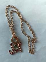 Open Goldtone Oval Chain w Red White &amp; Green Enamel JOY w Wreath Christmas Penda - £8.85 GBP