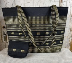 Elephant Purse Tribal Print Gold Metallic Embroidery Tote Double Zipper Large - £18.35 GBP