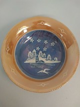 Vintage 9&quot; Decorative Serving Bowl Blue Winter Scene Gold 2&quot; Inner Rim Japan  - £9.77 GBP