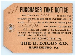 1929 D. Bacon Co Bottle Tube Tag - £21.74 GBP