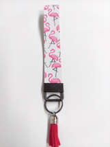 Wristlet Key Fob Keychain Faux Leather Flamingo Hot Pink Tassel New - £5.40 GBP