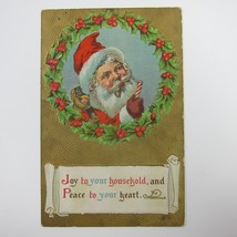 Vintage Christmas Postcard Santa Pipe Candy Cane Toy Sack Holly Embossed Antique - £15.61 GBP
