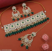 Pearl Kundan Work Green Stone Jewellery Necklace Set With Maangtika green - £26.77 GBP