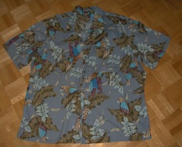 HH9 Hawaiian Tropical Style Blue Shirt Orchids Parrots Birds L 44 - $19.99