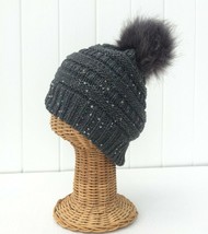 Kids Beanie Hat Gray Knit mixed thread Colorful circle Sequin faux fur P... - £6.00 GBP