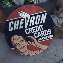 Vintage Chevron Automotive Credit Card Accepted Porcelain Gas &amp; Oil Pump Sign - £99.90 GBP