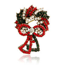 Red Cubic Zirconia &amp; 18K Gold-Plated Christmas Wreath Brooch - £11.00 GBP