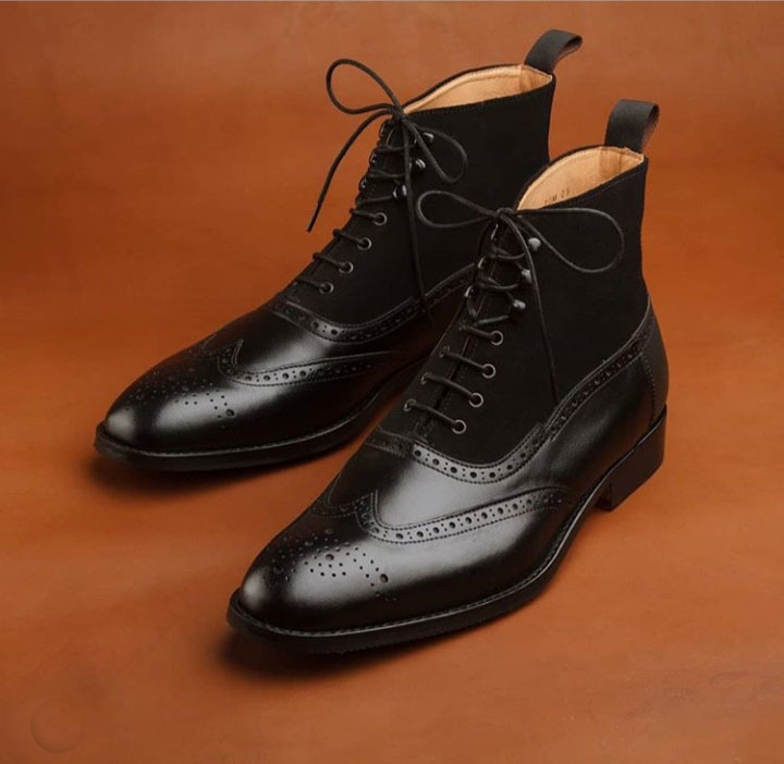 High Ankle Boots Men's Black Premium Quality Wing Tip Brogue Toe Suede Leather