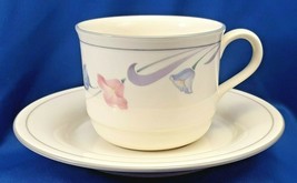 Lenox Glories on Grey Tea Cup and Saucer Cream Chinastone Pink Blue Flowers 8 oz - $9.60
