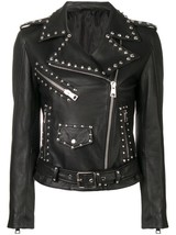 Women Silver Studded Leather Jacket Spiked Silver Color Studs Real Leath... - £112.57 GBP