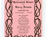 Charlie&#39;s Inn Retirement Dinner Menu Throggs Neck Bronx New York 1981 - $17.82