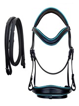 Horse Cob English All-Purpose Trail Black Leather Turquoise Bridle Reins - $54.99