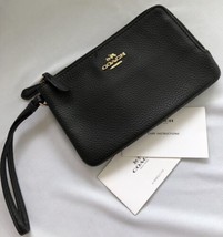 COACH NWOT Black Pebbled Leather Double Zip Wallet Purse Wristlet Card H... - £41.75 GBP