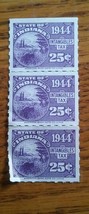 016 Vintage Block of 3 1944 Indiana Intangibles Tax Stamps  25 Cents - £7.94 GBP