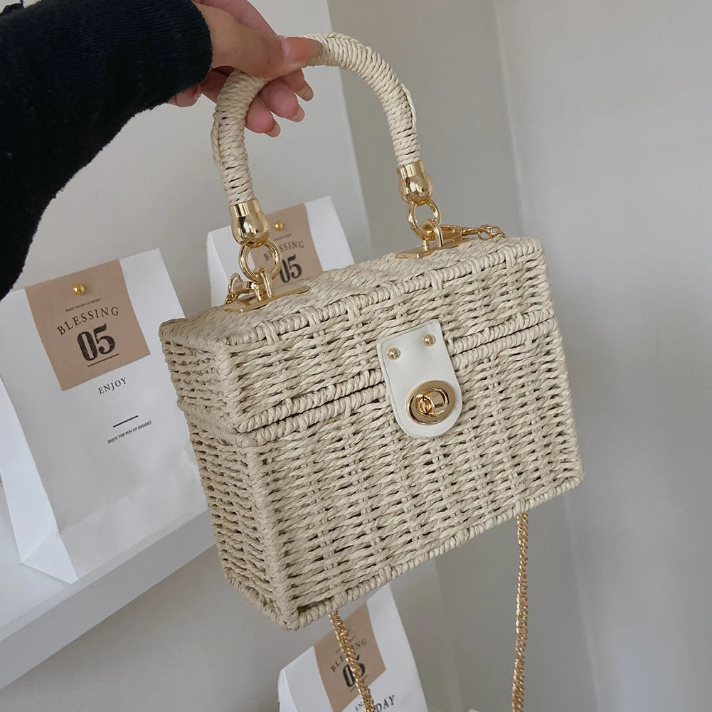 Rattan Straw  Bag Women Boho Hand-Woven Basket Messenger Pouch Summer Beach Squa - £118.77 GBP