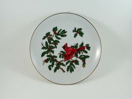 Red Bird Lefton Plate Gold Trim 8&quot; Holly Holiday Vintage 1960s Collectable - $6.99
