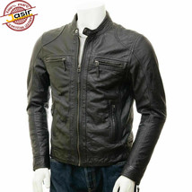 Casual Solid Men’s Black Leather Biker Motorcycle Jacket - £84.84 GBP