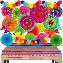 Fiesta Party Decorations, Multicoloured Tablecover Paper Fans Pompoms Paper Ball - £27.17 GBP