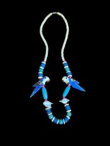 Vintage Statement Necklace Wooden Shell Blue Parrot Painted Beach Bird Tropical - £14.61 GBP