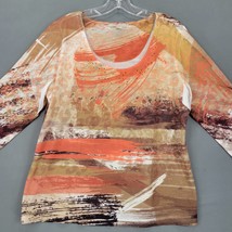 Laura Scott Women Shirt Size L Orange Preppy Rhinestone Boho Chic 3/4 Sleeve Top - £9.13 GBP