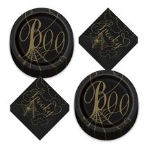 HOME &amp; HOOPLA Halloween Black and Gold Spider Web Paper Dessert Plates and Napki - £12.20 GBP+